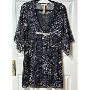 Andrew & Co Womens Medium Black Sheer Kimono Sleeves Dress Tie Back Boho Lined